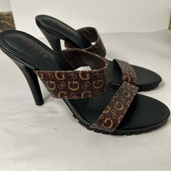 Guess Womens Strappy Slip On Heels Size 10 Black Sole Brown Upper Guess Logo - Picture 2 of 8